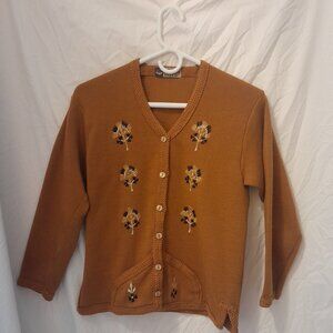 Vintage 1970's Oswal by D.C.K 40 Burnt Mustard Wool Knit Embroidered Cardigan